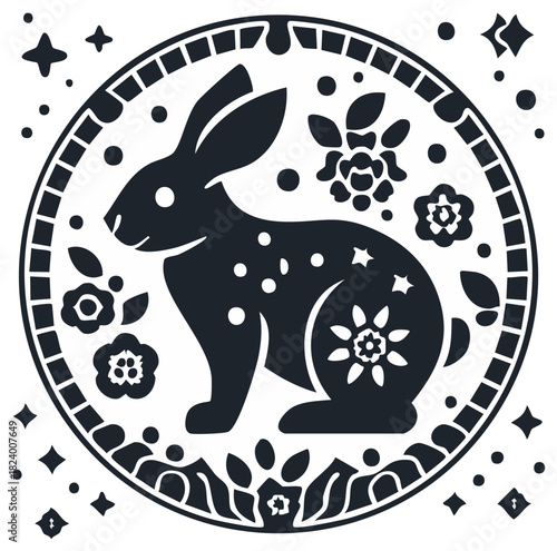 Decorative folk art rabbit silhouette in a round floral frame with celestial stars