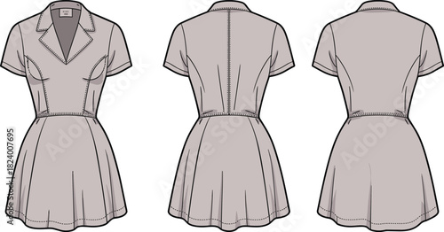 Cad drawing flat vector illustration, collared flared dress design, fashion sketch, technical garment outline, chest pocket, side-back view