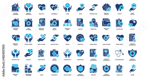 Healthcare heart icon set collection. Containing organ, services, nursing, anatomy, beat, charity, personal .Solid vector icons collection
