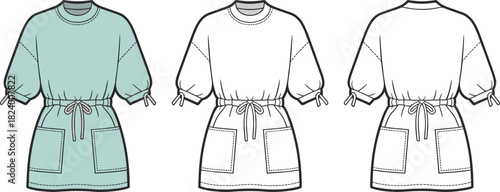 Cad drawing flat vector illustration, puff sleeve dress design, fashion sketch, technical garment outline, patch pockets, drawstring waist