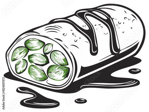 Sweet pistachio roll pastry with nuts and drizzled chocolate sauce vector illustration