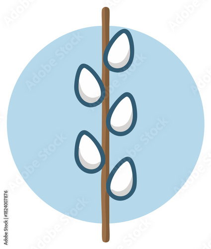 Illustration of a simple cartoon pussy willow branch with soft white buds on a blue circle background