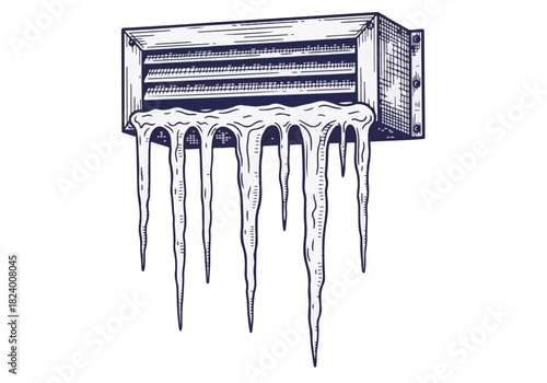 Air conditioning unit with icicles hanging from the vent, showcasing winter's chill and the effects of cold weather on indoor appliances and environments