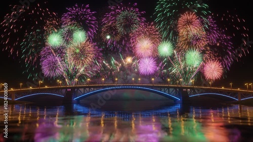 Stunning Fireworks Display Above a Bridge with Vibrant Night Sky and Reflective Landscape Illustration