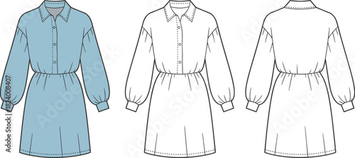 Cad drawing flat vector illustration, long sleeve collared dress, gathered waist design, fashion sketch, technical garment outline, button front