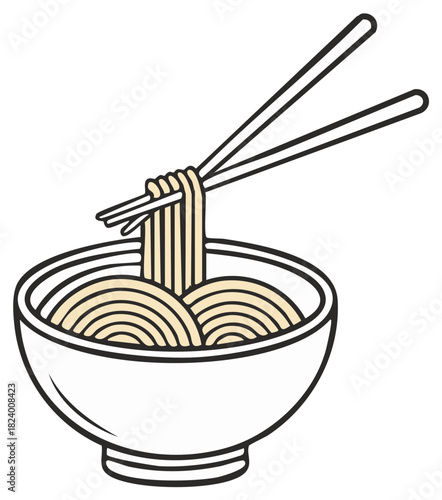 Bowl of noodles with chopsticks illustration, ramen or udon, Asian cuisine concept