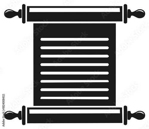 Black silhouette of an open scroll, papyrus or ancient manuscript with text lines, vector design
