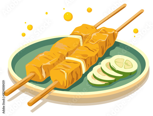 Delicious savory food skewers with fresh cucumber slices served on a plate vector illustration