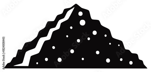 Abstract black and white mountain graphic with irregular edges and circular spots illustration