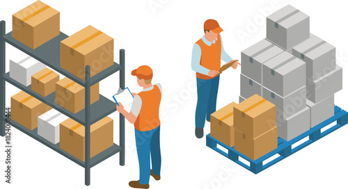 Isometric illustration of warehouse workers checking inventory, organizing boxes on shelves, and inspecting goods on pallets for logistics and storage operations