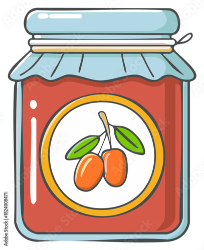 Charming cartoon illustration of a square jam jar with a decorative fruit label and blue fabric lid