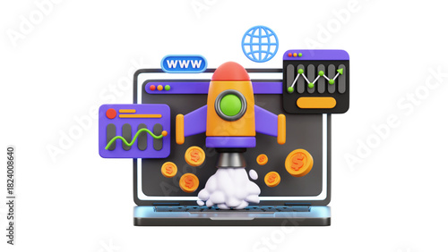 creative business types of icons ,3D Illustration of Data Analysis with Charts, Magnifying Glass, Gear, and Cloud Computing Icons