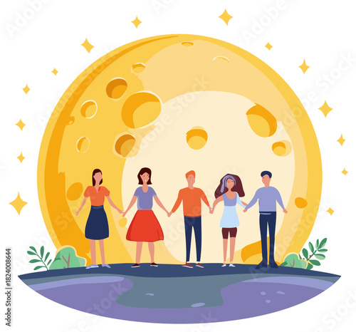Group of friends hold hands under a radiant full moon, a symbol of unity, friendship, and the shared joy of stargazing in the celestial night sky.