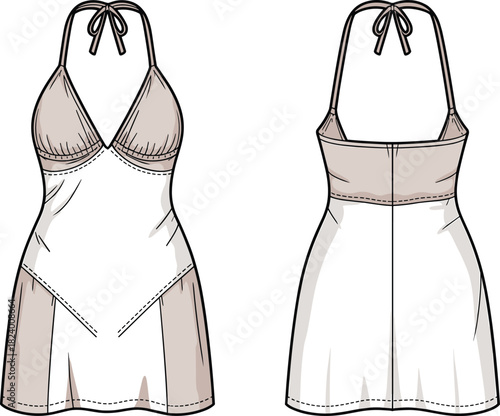 Cad drawing flat vector illustration, halter-style dress design, fashion sketch, technical garment outline, triangular cups, flared panel skirt