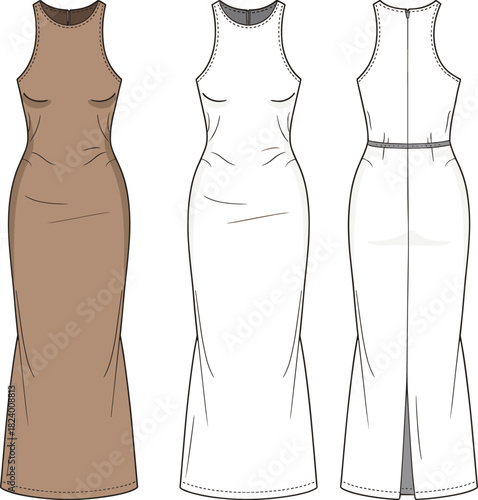 Cad drawing flat vector illustration, sleeveless fitted dress design, fashion sketch, technical garment outline, princess seams, back slit