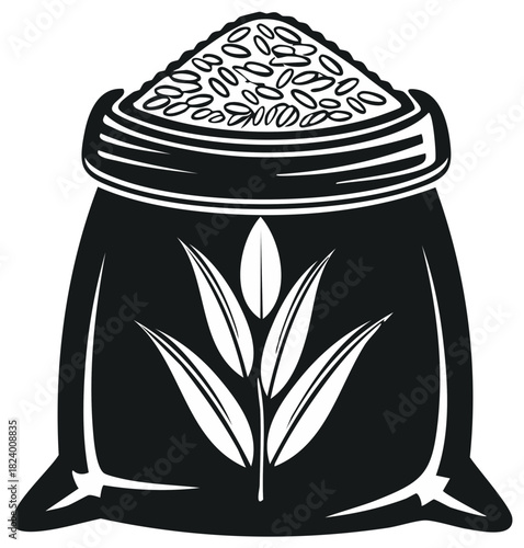 Stylized Sack Full of Cereal Grains with an Agricultural Plant Emblem Black and White Vector