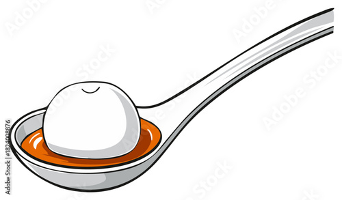 Cartoon Spoon with White Sphere and Orange Sauce, Serving Food Illustration