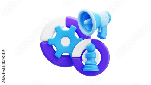 creative business types of icons ,3D Illustration of Data Analysis with Charts, Magnifying Glass, Gear, and Cloud Computing Icons