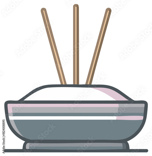 Incense sticks in a bowl holding ash for zen meditation and spiritual ceremony