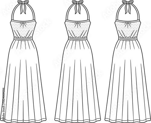 Cad drawing flat vector illustration, halter neck maxi dress design, fashion sketch, technical garment outline, pleated skirt, bow tie