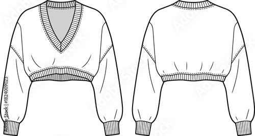 Cad drawing flat vector illustration, cropped sweater design, fashion sketch, technical garment outline, deep V-neckline, ribbed cuffs