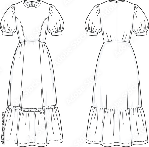 Cad drawing flat vector illustration, puff sleeve dress design, fashion sketch, technical garment outline, gathered tier, princess seams