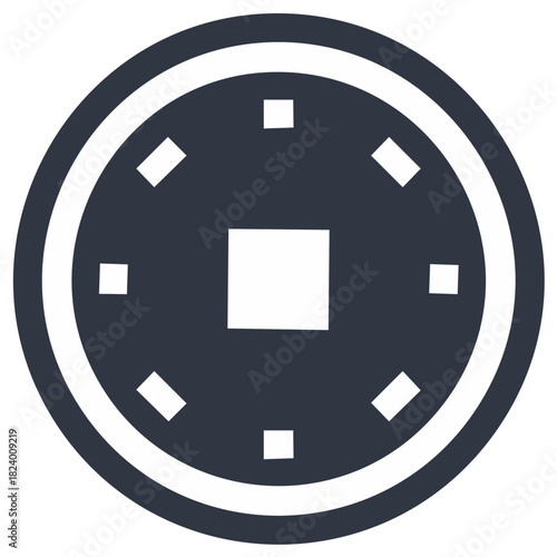 Simple graphic of a round object with a square hole and surrounding marks representing a coin
