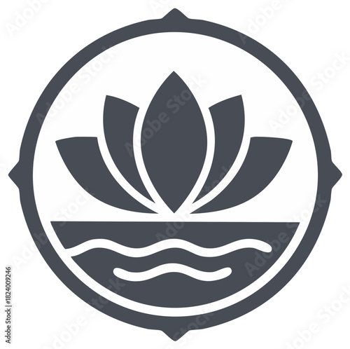 Dark gray lotus flower blooming above water inside a decorative circular frame with compass points