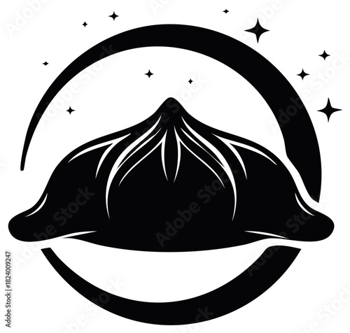 Gourmet Asian dumpling icon with celestial stars and crescent frame