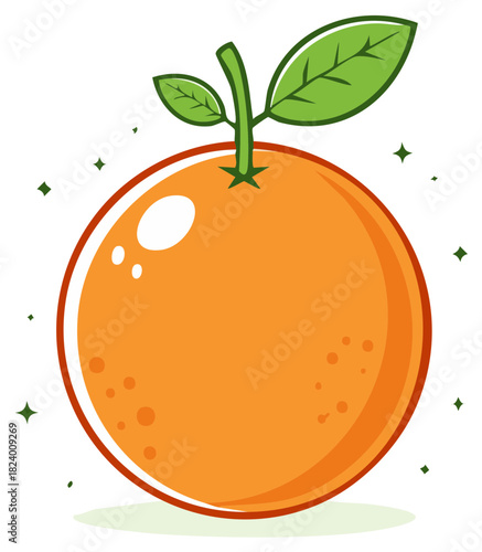 Cartoon illustration of a ripe orange fruit with leaves and sparkling details.