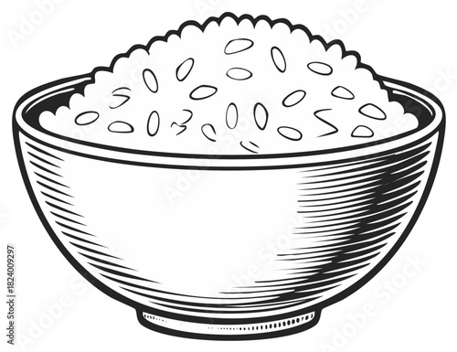 Rice in a Bowl, Simple Black and White Illustration