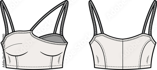 Cad drawing flat vector illustration, cropped tank top design, fashion sketch, technical garment outline, scoop neckline, contour seams