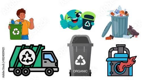 Cartoon Waste Management Icons Featuring Recycling, Organic Disposal, and Incineration