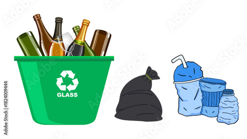 Recycling and Waste Segregation Illustration with Glass, Plastic, and General Trash
