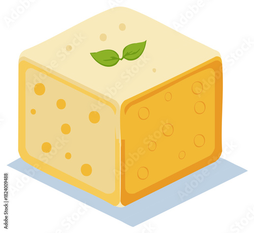 Isometric view of cubed cheese block with holes and a pair of green leaves on top, food product illustration.