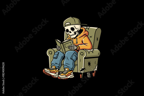Skeleton wearing casual clothes reading a book while sitting on