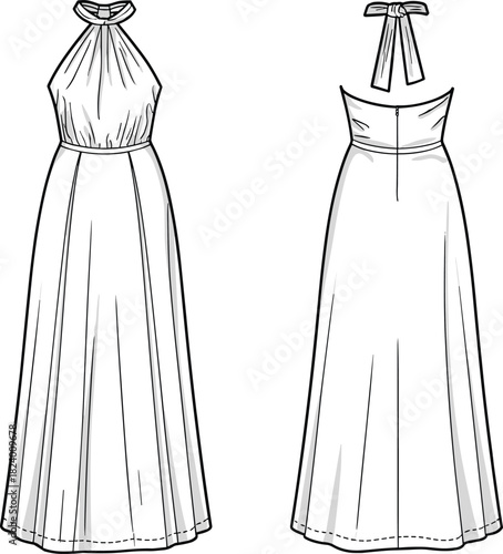 Cad drawing flat vector illustration, halter neck A-line dress design, fashion sketch, technical garment outline, pleated skirt, open back