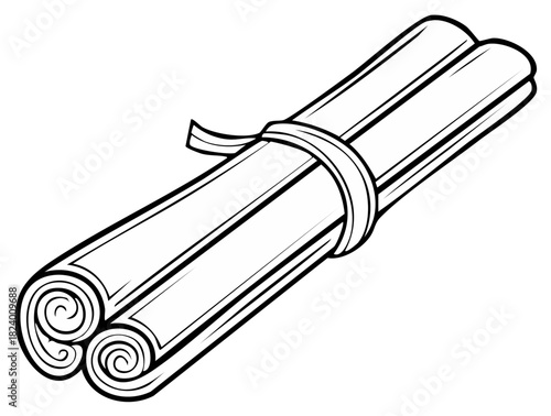 Rolled cinnamon sticks tied with a band, black and white vector illustration