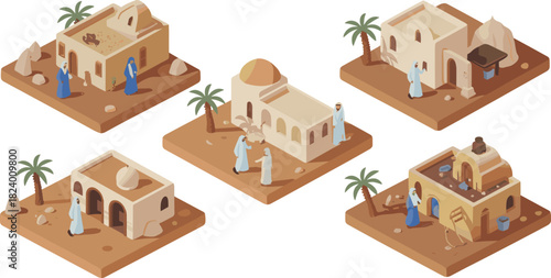 Isometric Middle Eastern desert village houses with traditional architecture, people in robes, palm trees, sandy terrain, cultural buildings and ancient lifestyle scene
