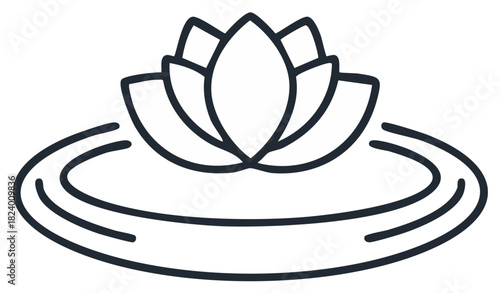 Elegant line art vector icon of a lotus flower floating on water with gentle ripples