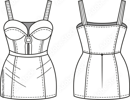 Cad drawing flat vector illustration, fitted dress design, fashion sketch, technical garment outline, keyhole cutout, double straps, structured bodice