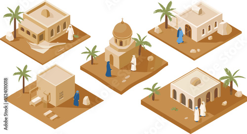 Isometric Middle Eastern desert village houses with traditional architecture, people in robes, palm trees, sandy terrain, cultural buildings and ancient lifestyle scene