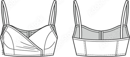 Cad drawing flat vector illustration, wrap bralette top design, fashion sketch, technical garment outline, V-neck front, double straps