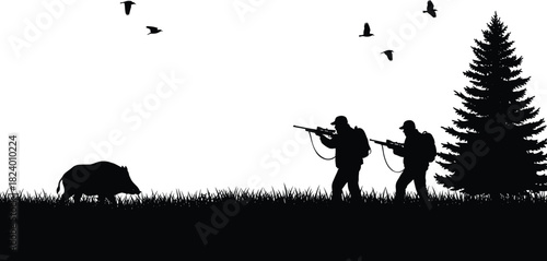 Hunting silhouette scene, black vector illustration, wild boar encounter, forest nature artwork, outdoor activity design, minimal graphic decor