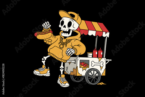 Skeleton hot dog vendor with food cart illustration.