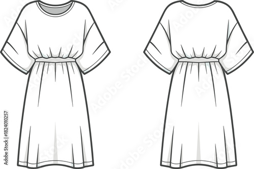 Cad drawing flat vector illustration, short sleeve flared dress, cinched waist design, fashion sketch, technical garment outline, round neckline