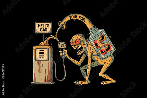 Horror Monster Filling Up With Soul Fuel At Hells Gas Station.