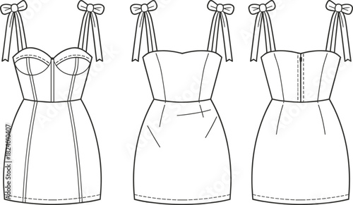Cad drawing flat vector illustration, sleeveless fitted dress design, fashion sketch, technical garment outline, bow straps, sweetheart neckline