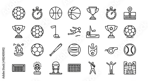 A collection of line art icons representing various sports, including soccer, basketball, tennis, football, and related items like trophies, stopwatches, and equipment.