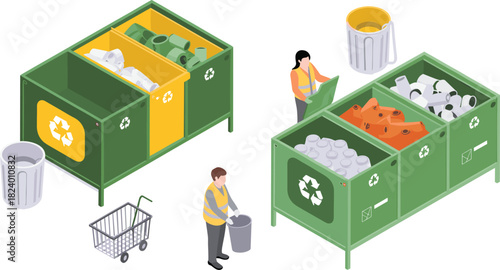 Isometric recycling center illustration with workers sorting waste, large recycle bins, plastic containers, metal cans, and organized waste collection